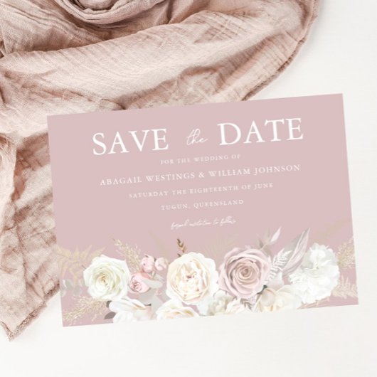 Save The Date Mariage Dusty Rose & Fleurs blanches ivoire