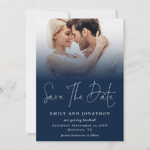 Save The Date Mariage Écriture Blanche Bleu Marine QR Superposit