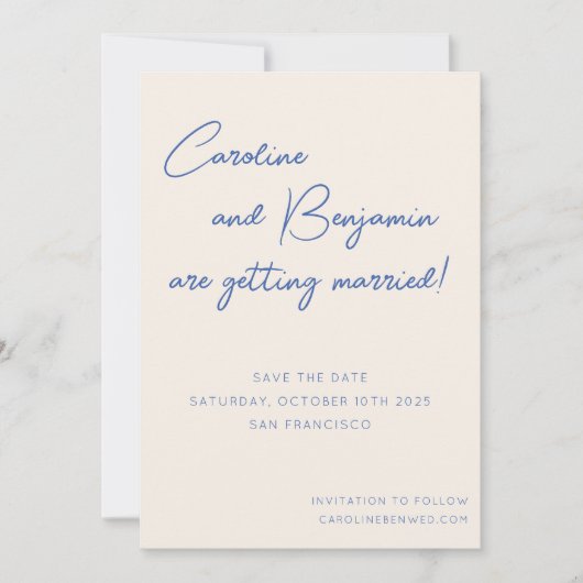 Save The Date Mariage écriture manuscrite couleur bleu écrin (Devant)