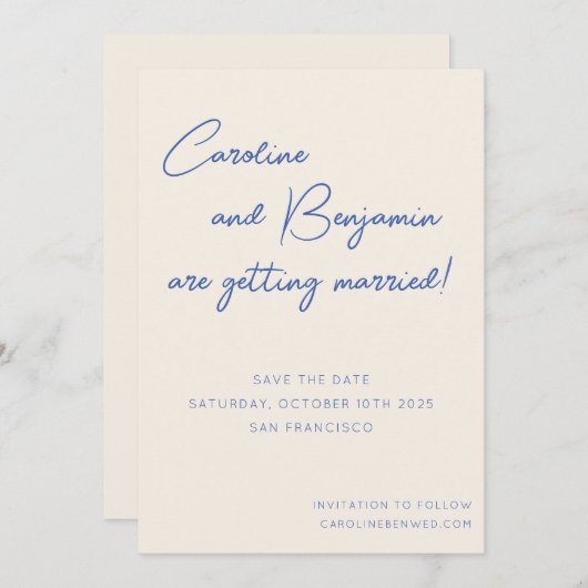 Save The Date Mariage écriture manuscrite couleur bleu écrin (Devant / Derrière)