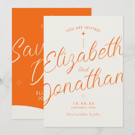 Save The Date Mariage écriture manuscrite moderne gras Orange Ré (Devant / Derrière)