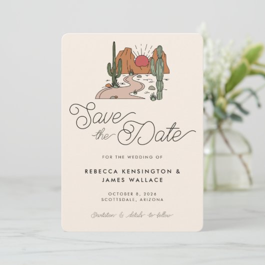Save The Date Mariage écriture moderne Cactus Désert Boho (Debout devant)