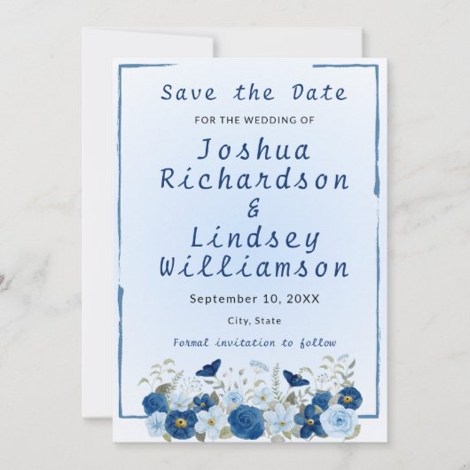 Save The Date Mariage Élégance Botanique Bleue (Devant)