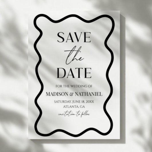 Save The Date Mariage élégant à bordure ondulée noir et blanc