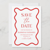 Save The Date Mariage Élégant à Bordure Ondulée Rouge Blanc (Devant)