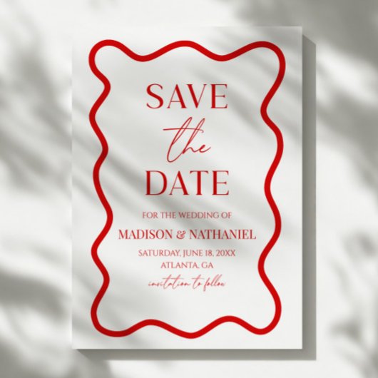 Save The Date Mariage Élégant à Bordure Ondulée Rouge Blanc