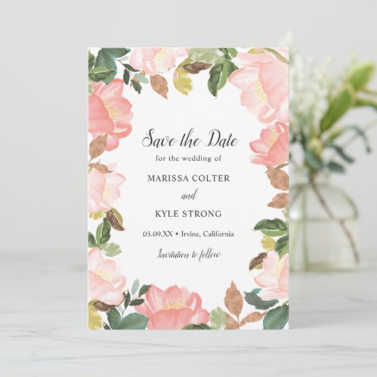 Save The Date Mariage élégant à fleurs rose pâle (Debout devant)