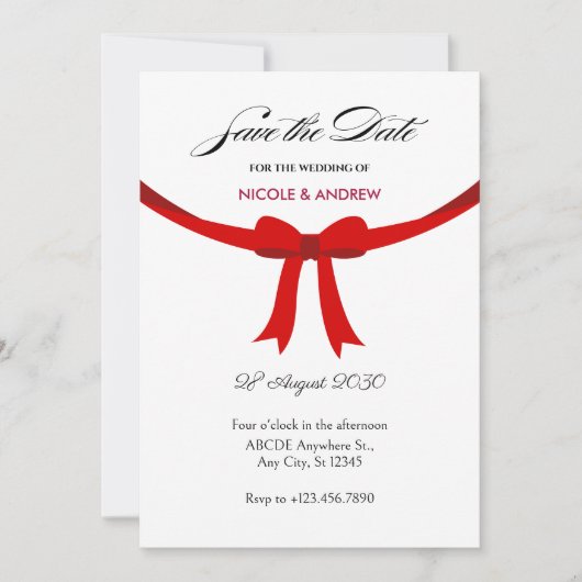Save The Date Mariage élégant à l'arc en ruban rouge (Devant)