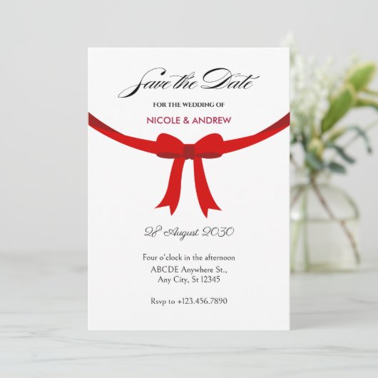 Save The Date Mariage élégant à l'arc en ruban rouge (Debout devant)