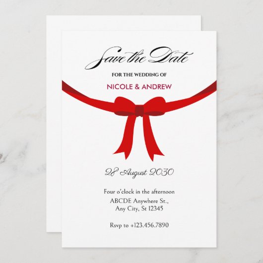 Save The Date Mariage élégant à l'arc en ruban rouge (Devant / Derrière)