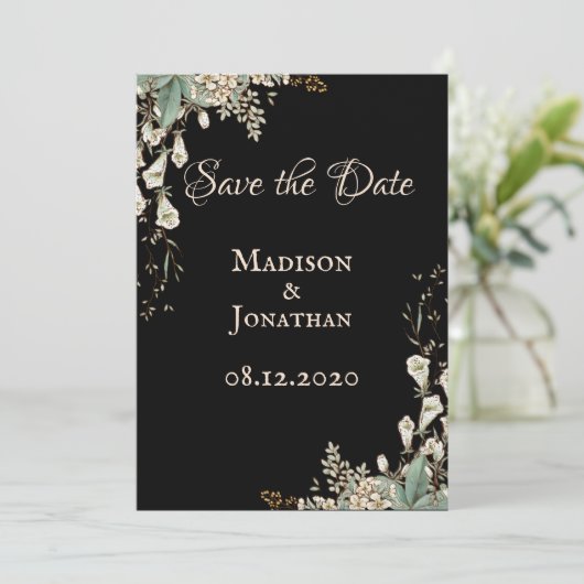 Save The Date Mariage élégant à motif floral noir et écriture (Debout devant)