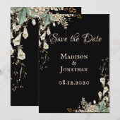 Save The Date Mariage élégant à motif floral noir et écriture (Devant / Derrière)