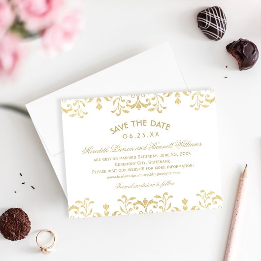 Save The Date Mariage élégant à paillettes dorées Damask