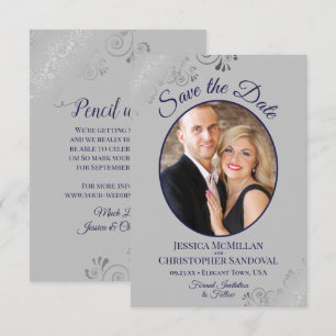 Save The Date Mariage élégant argent et bleu marine sur gris ave