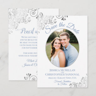 Save The Date Mariage élégant argent et bleu sur fond blanc avec