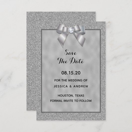 Save The Date Mariage élégant argent et paillettes chic (Devant / Derrière)