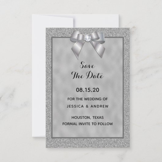 Save The Date Mariage Élégant Argent et Paillettes de Style (Devant)