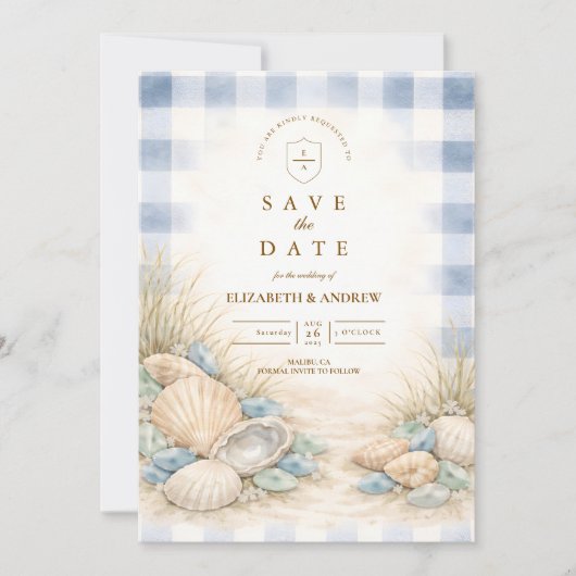 Save The Date Mariage Élégant au Bord de la Mer Coquillage (Devant)