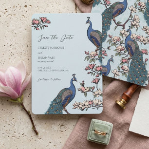 Save The Date Mariage élégant au thème floral bleu paon