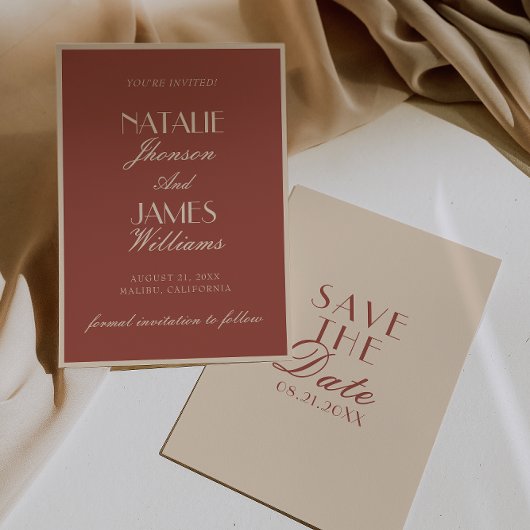 Save The Date Mariage élégant auburn beige à l'ancienne
