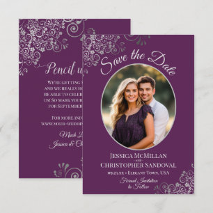 Save The Date Mariage Élégant aux Boucles Argentées et au Plum P