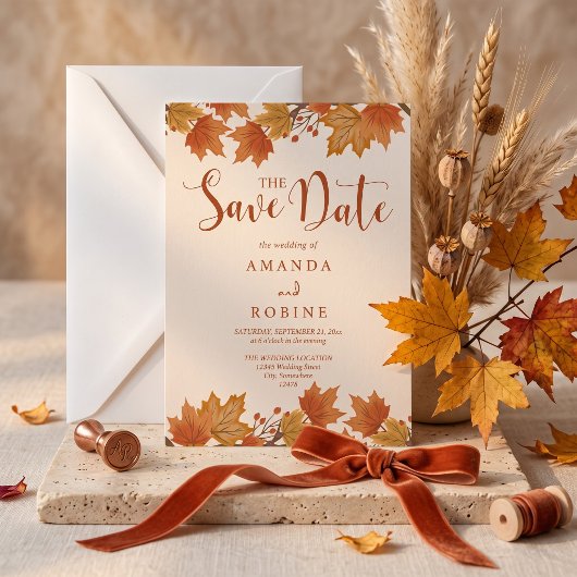 Save The Date Mariage Élégant aux Feuilles d'Érable d'Automne