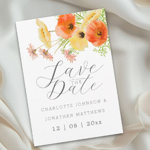Save The Date Mariage Élégant aux Fleurs Sauvages Orange et Jaun