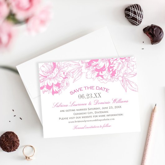 Save The Date Mariage élégant aux pivoines florales roses et gri
