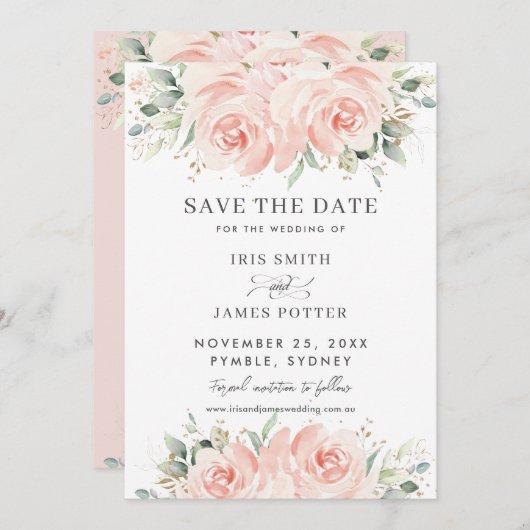 Save The Date Mariage Élégant aux Roses Florales Douces et Paste (Devant / Derrière)
