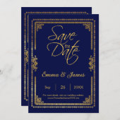 Save The Date Mariage élégant avec cadre bleu marine et or (Devant / Derrière)