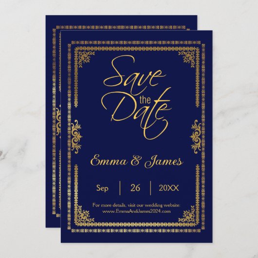 Save The Date Mariage élégant avec cadre bleu marine et or (Devant / Derrière)