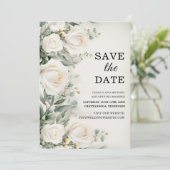 Save The Date Mariage élégant avec des roses blanches et verdure (Debout devant)
