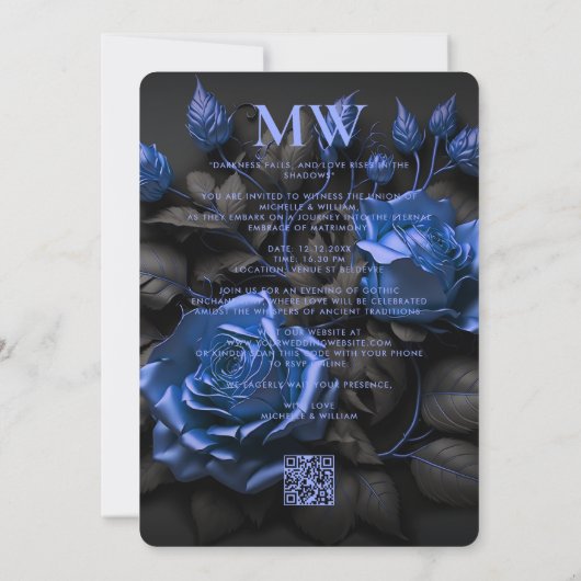 Save The Date Mariage élégant avec des roses bleues marine gothi (Dos)