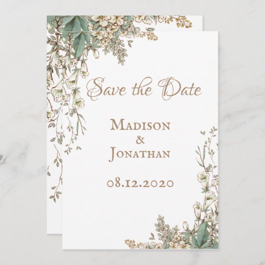 Save The Date Mariage élégant avec écriture florale de verdure (Devant / Derrière)