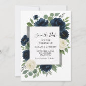 Save The Date Mariage élégant avec fleurs bleues marine et ivoir (Devant)