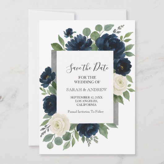 Save The Date Mariage élégant avec fleurs bleues marine et ivoir (Devant)