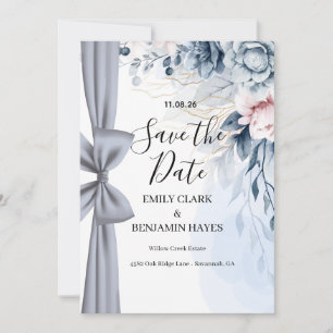 Save The Date Mariage Élégant avec Nœud Bleu Poussiéreux
