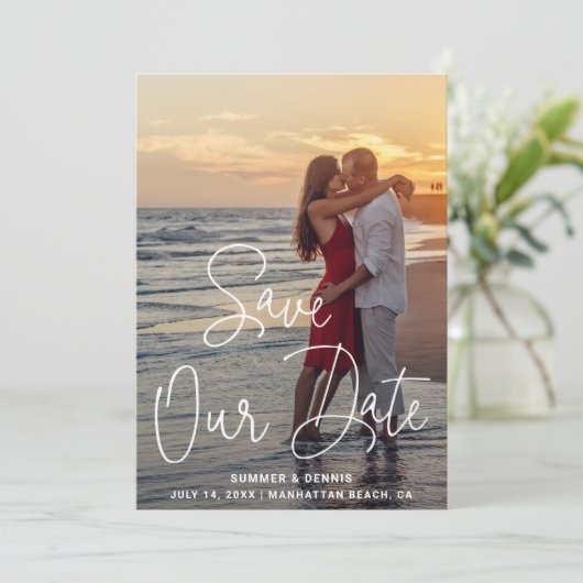 Save The Date Mariage élégant avec photo de script moderne (Debout devant)