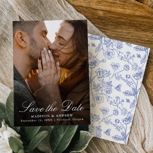 Save The Date Mariage élégant avec photo et chinoiserie bleue