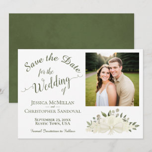 Save The Date Mariage Élégant Blanc Floral Calligraphie & Photo