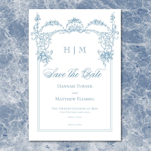 Save The Date Mariage élégant bleu français victorien de style c
