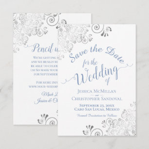 Save The Date Mariage Élégant Bleu Pervenche Blanc Dentelle Arge