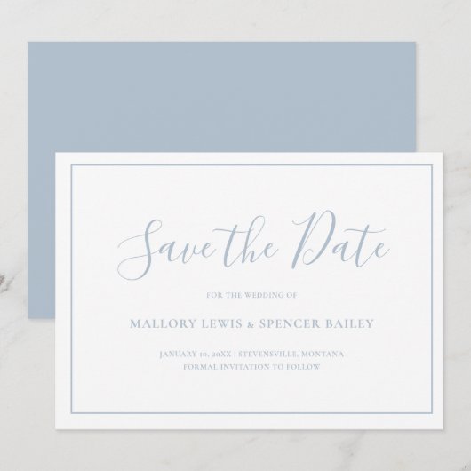 Save The Date Mariage Élégant Bleu Poussiéreux Traditionnel (Devant / Derrière)