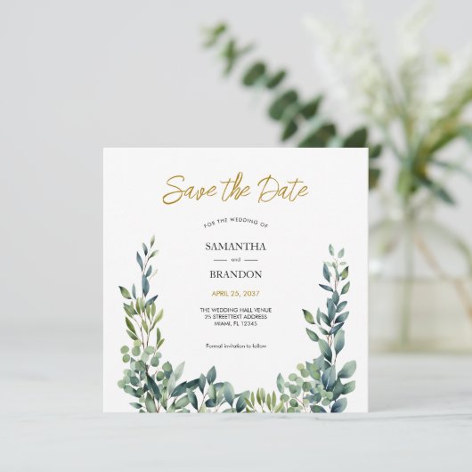 Save The Date Mariage élégant botanique aquarelle verdure (Debout devant)