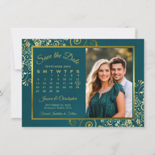 Save The Date Mariage Élégant Boucles Dorées Calendrier & Photo