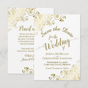 Save The Date Mariage Élégant Broderie de Dentelle en Or sur Fon