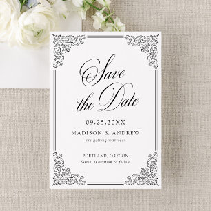 Save The Date Mariage élégant cadre noir vintage orné