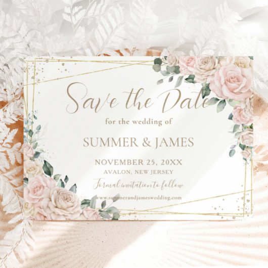 Save The Date Mariage Élégant Champagne et Fleurs Rose Pâle