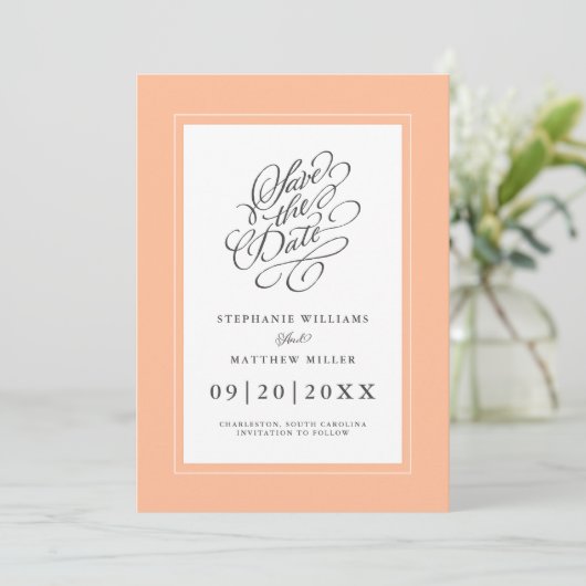 Save The Date Mariage élégant Chic Calligraphie tendance Peach C (Debout devant)