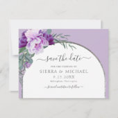 Save The Date Mariage Élégant Chic Fleurs Violettes Arche Argent (Devant)